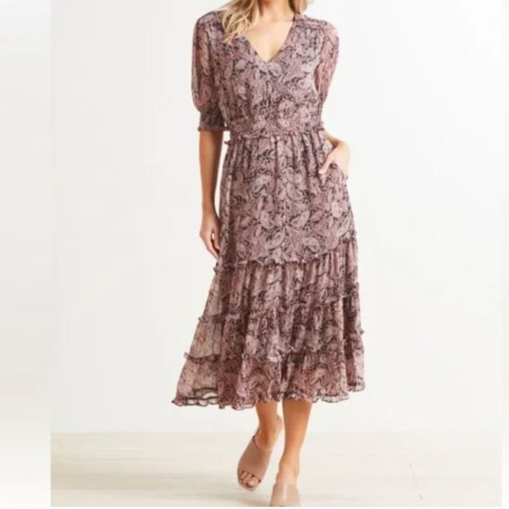 Roan & Ryan | Evereve Paisley “Elsa” Chiffon Pink & Gray Midi Dress | Size Small